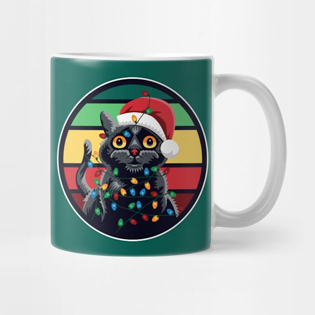 Cute Black Cat Tangled in Christmas Lights - Retro Style T-Shirt by RYSHU 